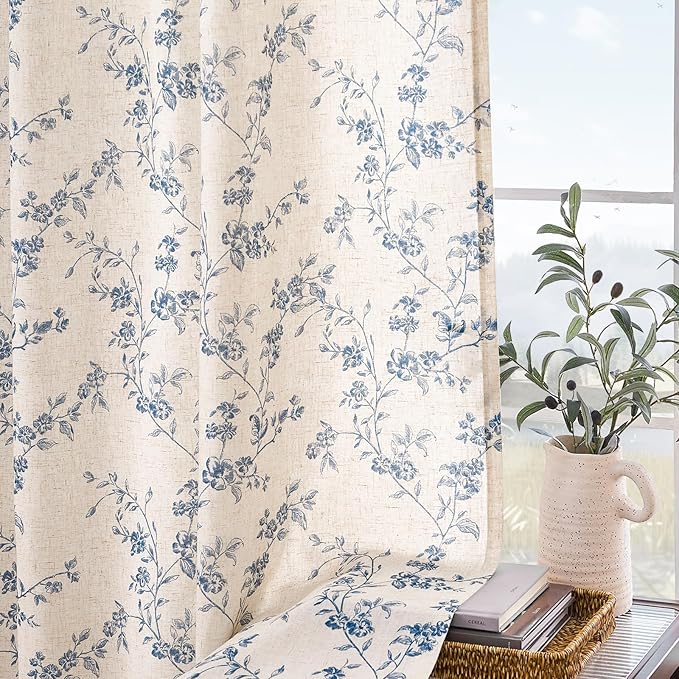 Lazzzy Blue Floral Linen Curtains 90 Inch Farmhouse Back Tab Drapes - Image 8