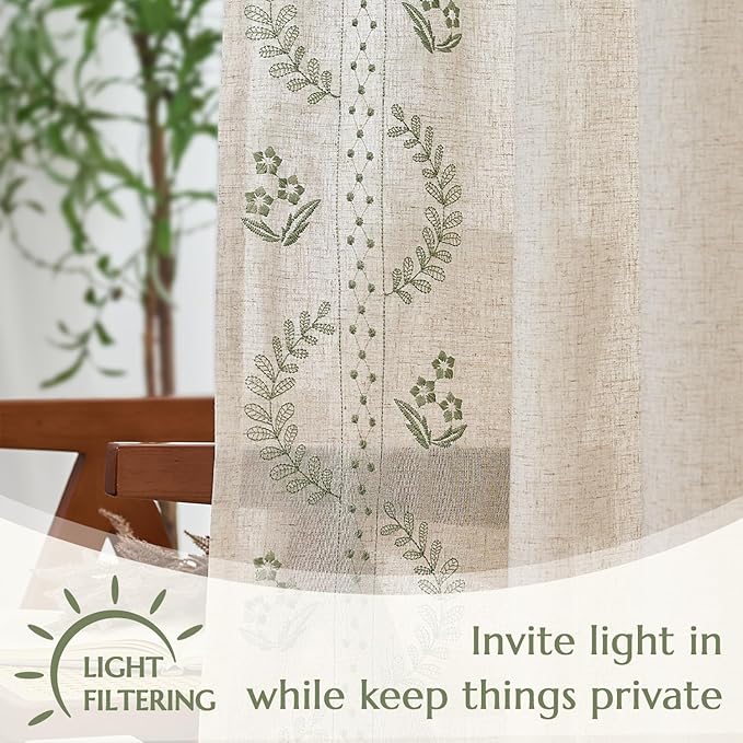 jinchan Belrose Linen Curtains for Bedroom Floral Curtains 72 Inch Length Linen - Image 5