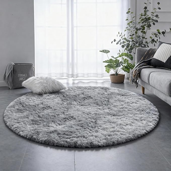 Amdrebio Tie-Dyed Light Grey Round Area Rugs - Image 6