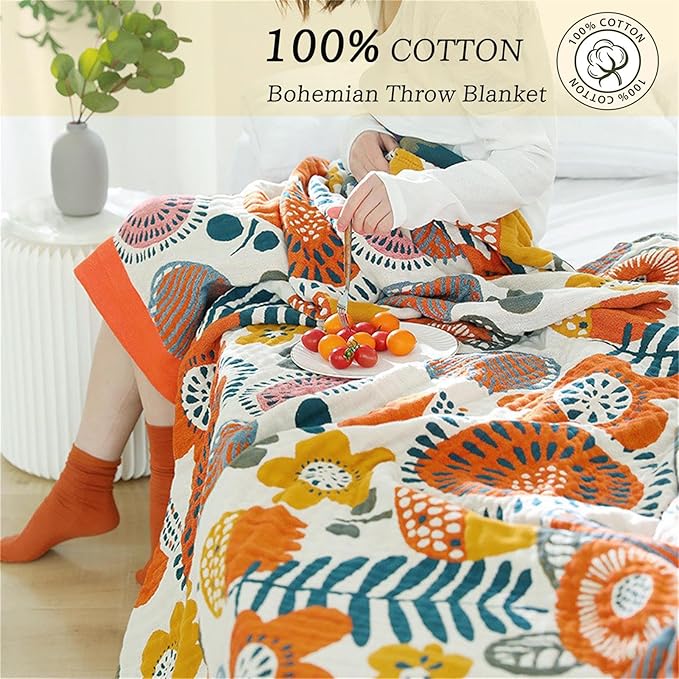 MSGKV Cotton Throw Blanket for Couch Bed 90''x98'', Floral Soft Farmhouse - Image 3