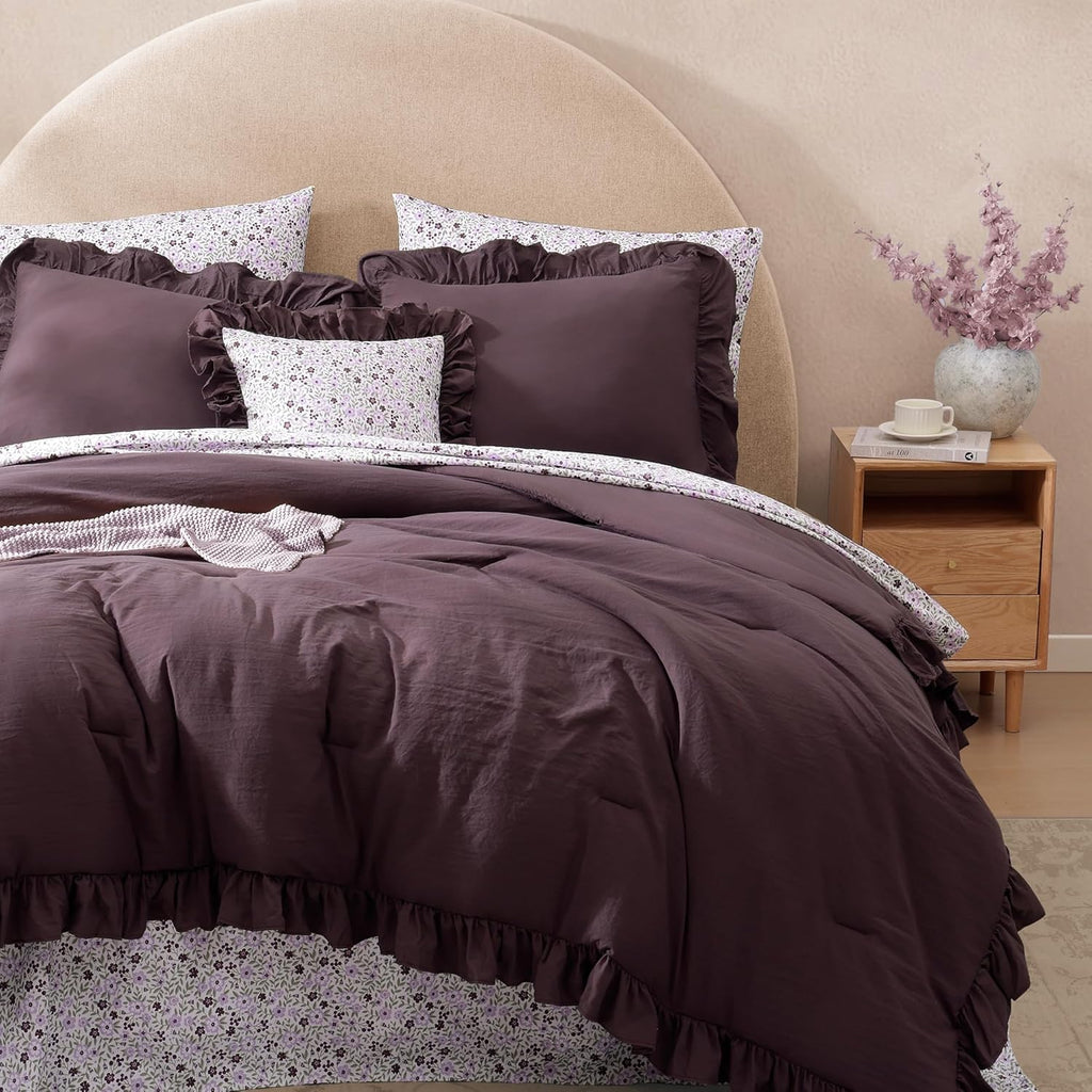 BLOOMHAVEN Queen Comforter Set-7 Pieces Ruffle Bedding with Floral Sheet