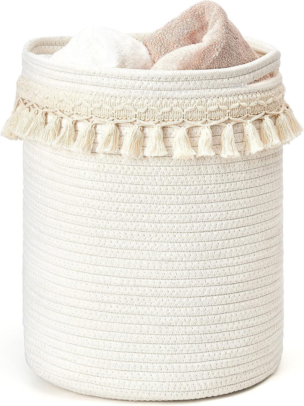 Mkono Macrame Cotton Rope Basket, Small Boho Nursery Decor, 11"x11", Ivory