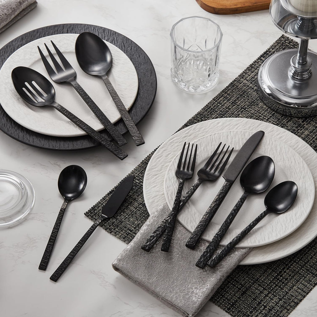 65 Pcs Black Hammered Silverware Set with Serving Utensils for 12
