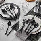 65 Pcs Black Hammered Silverware Set with Serving Utensils for 12