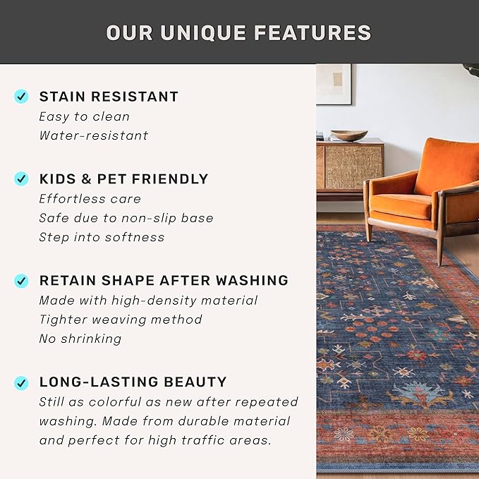 Navy Blue 2x8 Long Runner for Kitchen, 8ft Runner Rugs for Entryway, Washable - Image 6
