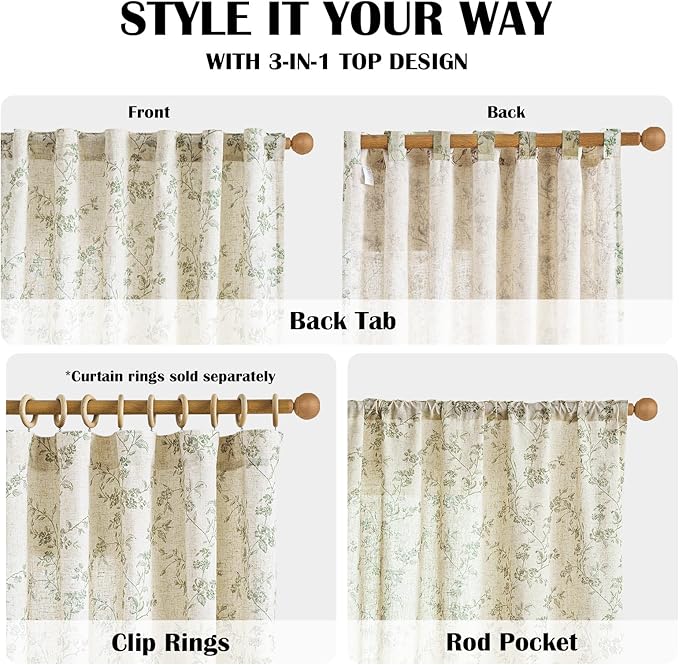 Lazzzy Linen Farmhouse Curtains Green Floral Curtains 63 Inch Length Back Tab - Image 5