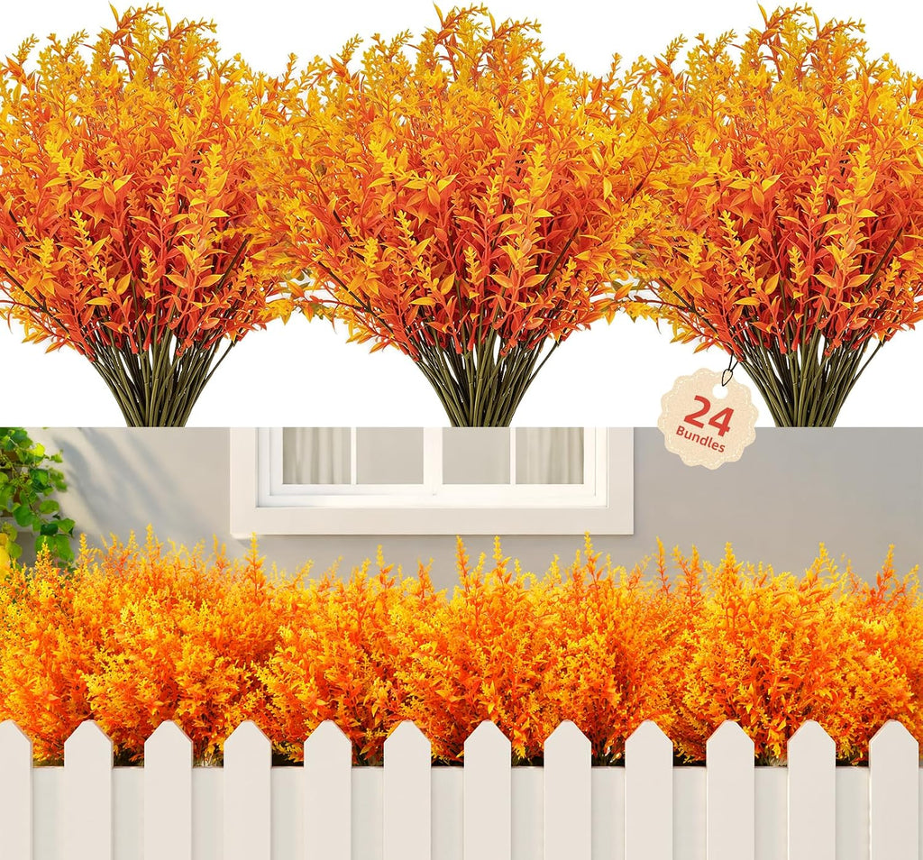 CLEANGOR 24 Pcs Artificial Fall Lavender Flowers for Outdoors (Orange)