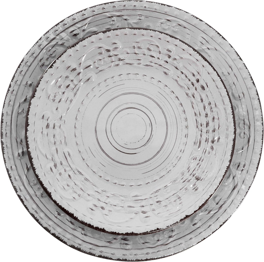 Elama Malibu Calcite 16-Piece Stoneware Embossed Pattern Reactive Glaze Light Gray Dinnerware Set, Tableware, Serveware Set (Calcite Gray)