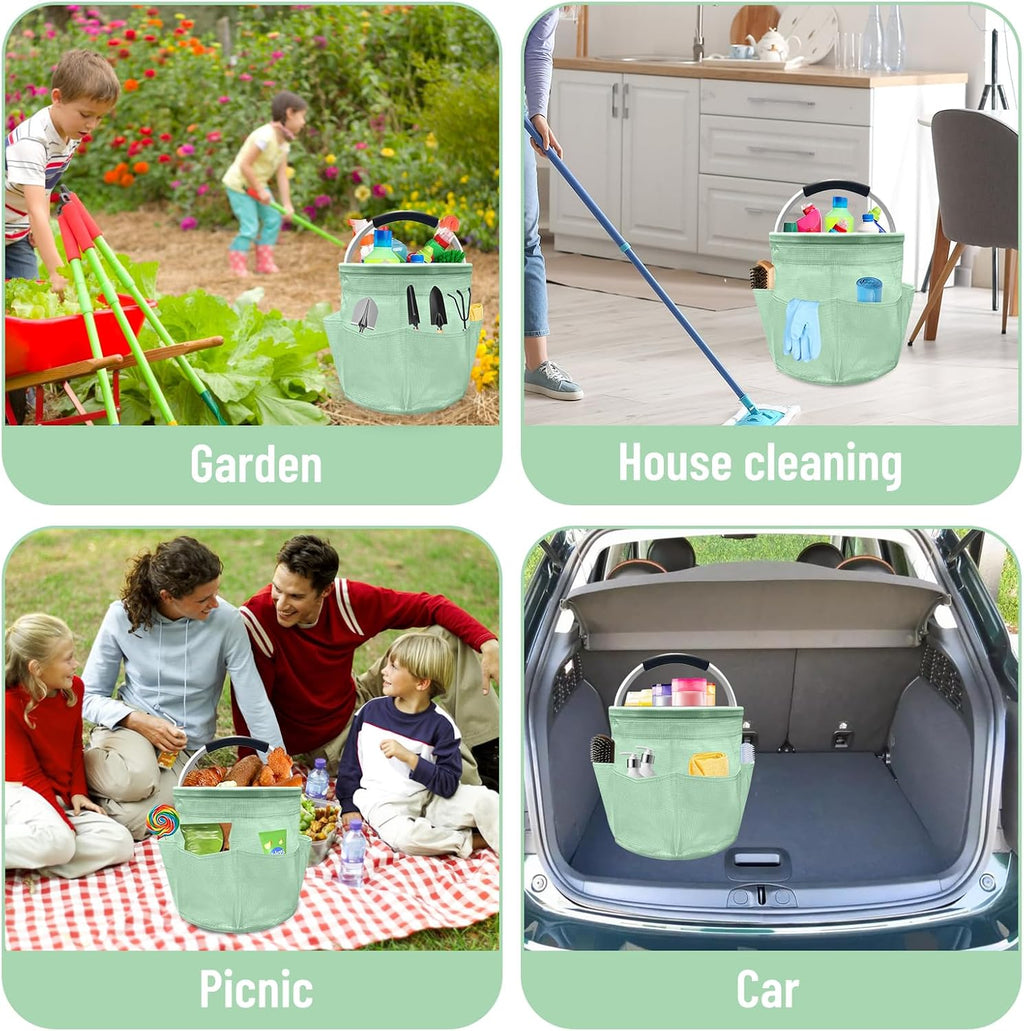 17L Cleaning Caddy with Handle, Foldable Cleaning Supply Caddy with 6 Pockets Cleaning Caddy Bag for Outdoor Camping Garden Harvest Basket Bathroom Storage (Clear Green)