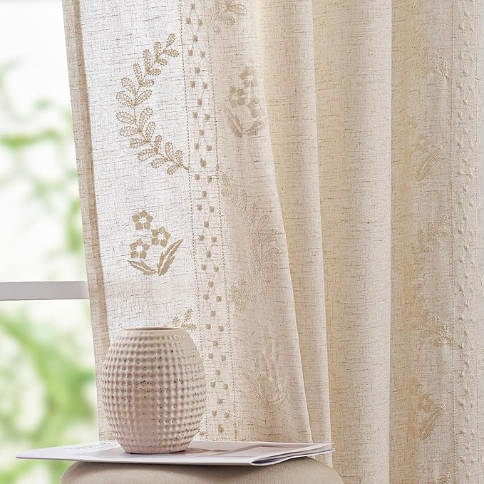 jinchan Belrose Linen Curtains for Bedroom Floral Curtains 96 Inch Length Linen by JINCHAN