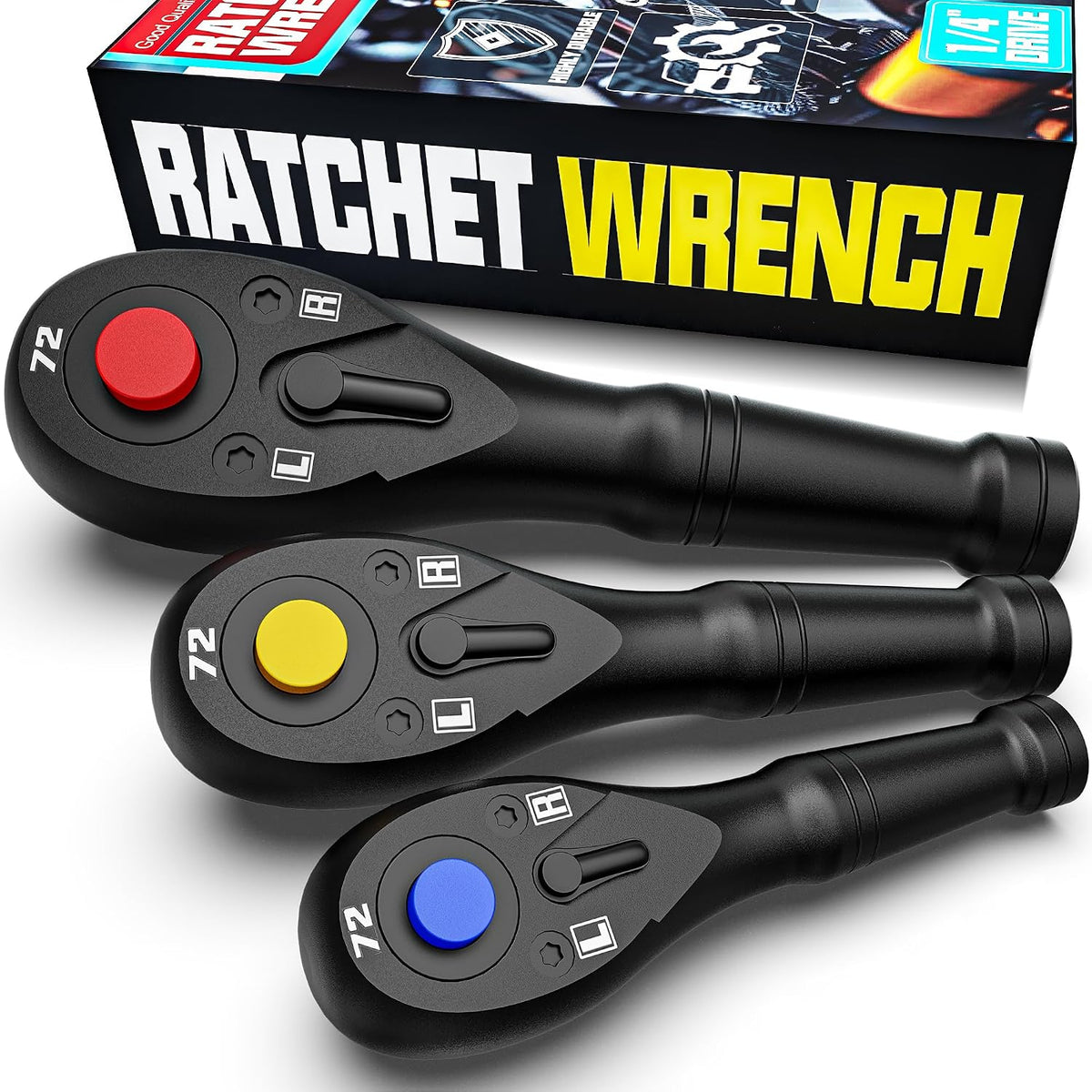3PCS Stubby Ratchet Set, 1/4'', 3/8'', 1/2'' Drive Mini Ratchet Handle, 72-Tooth Quick Release Reversible Socket Wrench, CR-V Steel, Mechanical Maintenance, Bicycle Repair, DIYer