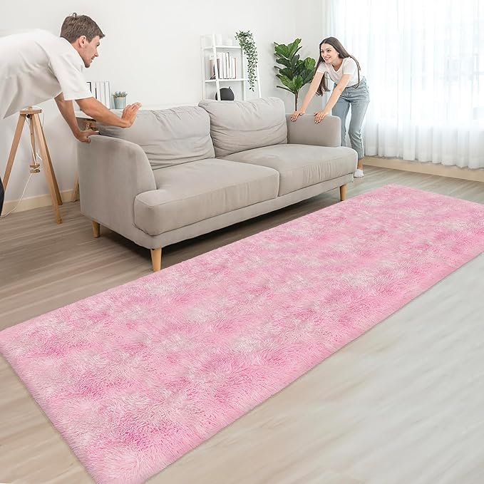 Super Soft Fluffy Living Room Area Rug 3x10 ft Tie-Dyed Light Pink Shaggy Furry - Image 2