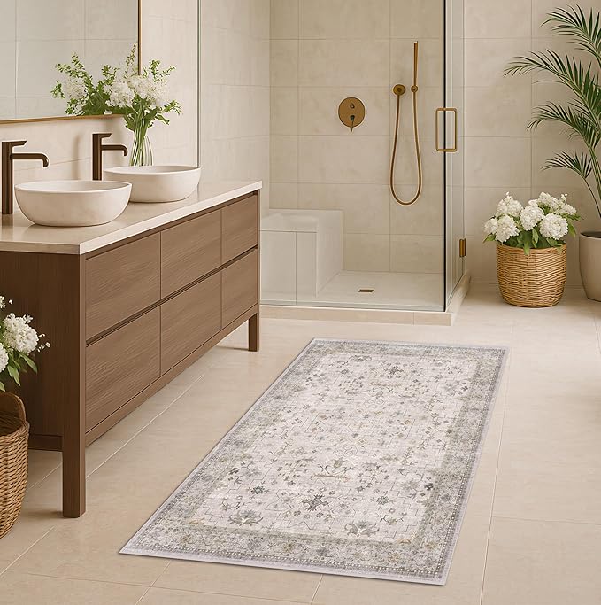 Light Grey 3x4 Large Boho Bathroom Rug by HazoHaus