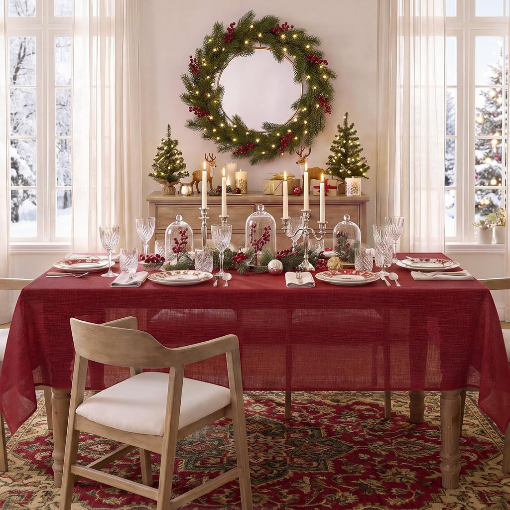 NOVILYS Red Christmas Rectangle Tablecloth with Linen Textured