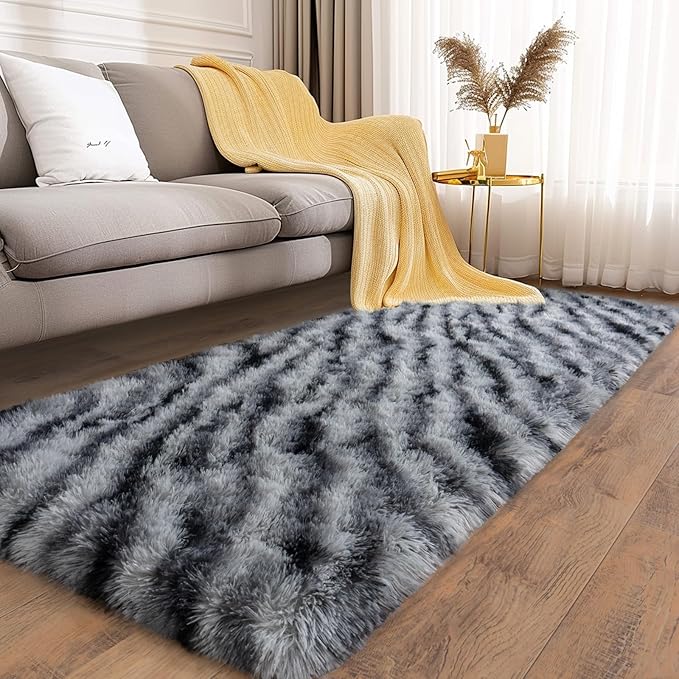 Soft Runner Rugs for Bedroom Hallways, 2x6 Black and White Fluffy Shag Throw - Image 3