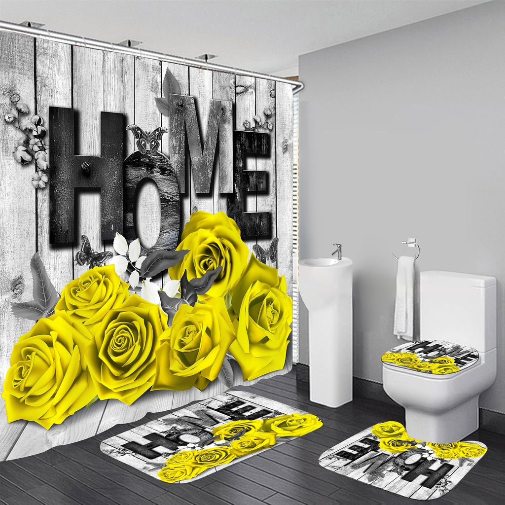 Yddsky 4 Pcs Red Rose Shower Curtain Set with Rugs Bathroom Set