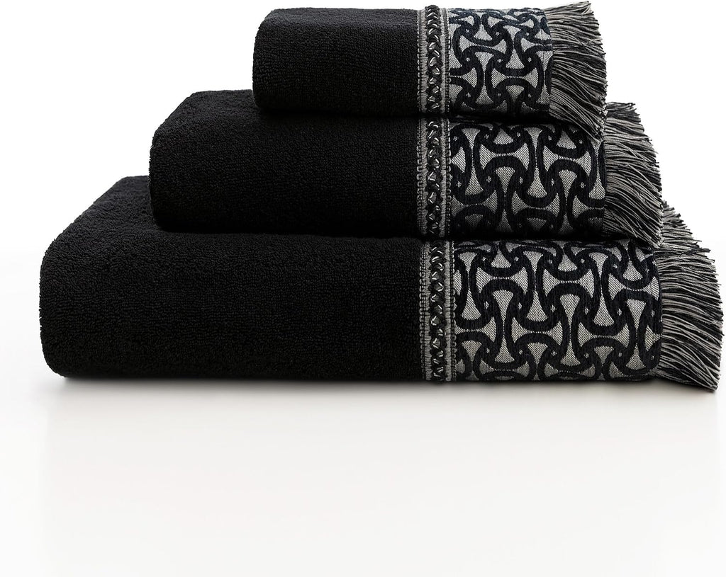 Loom and Mill Geometric Cotton Jacquard Bath Towel Set 3 Piece, Gray&Black