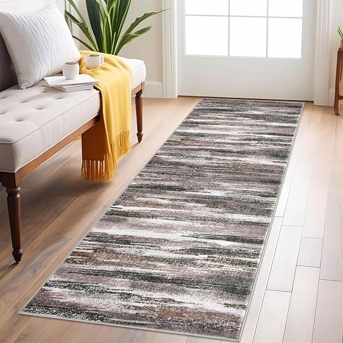 Lansny Modern Abstract Runner Rug 2x6, Dark Light Brown White Washable Kitchen by lansny