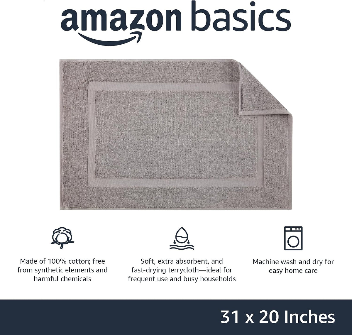 Amazon Basics Banded Bathroom Bath Rug Mat, Machine Washable, 100% Cotton, 31" x 20", Powder Gray (Pack of 2)