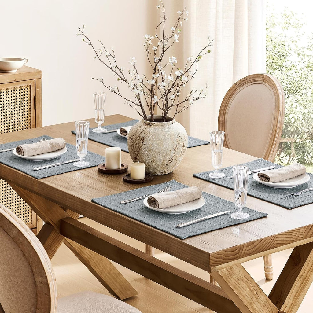ZeeMart Artisanal Grid Decorative Linen Placemats Set of 6, Chambray