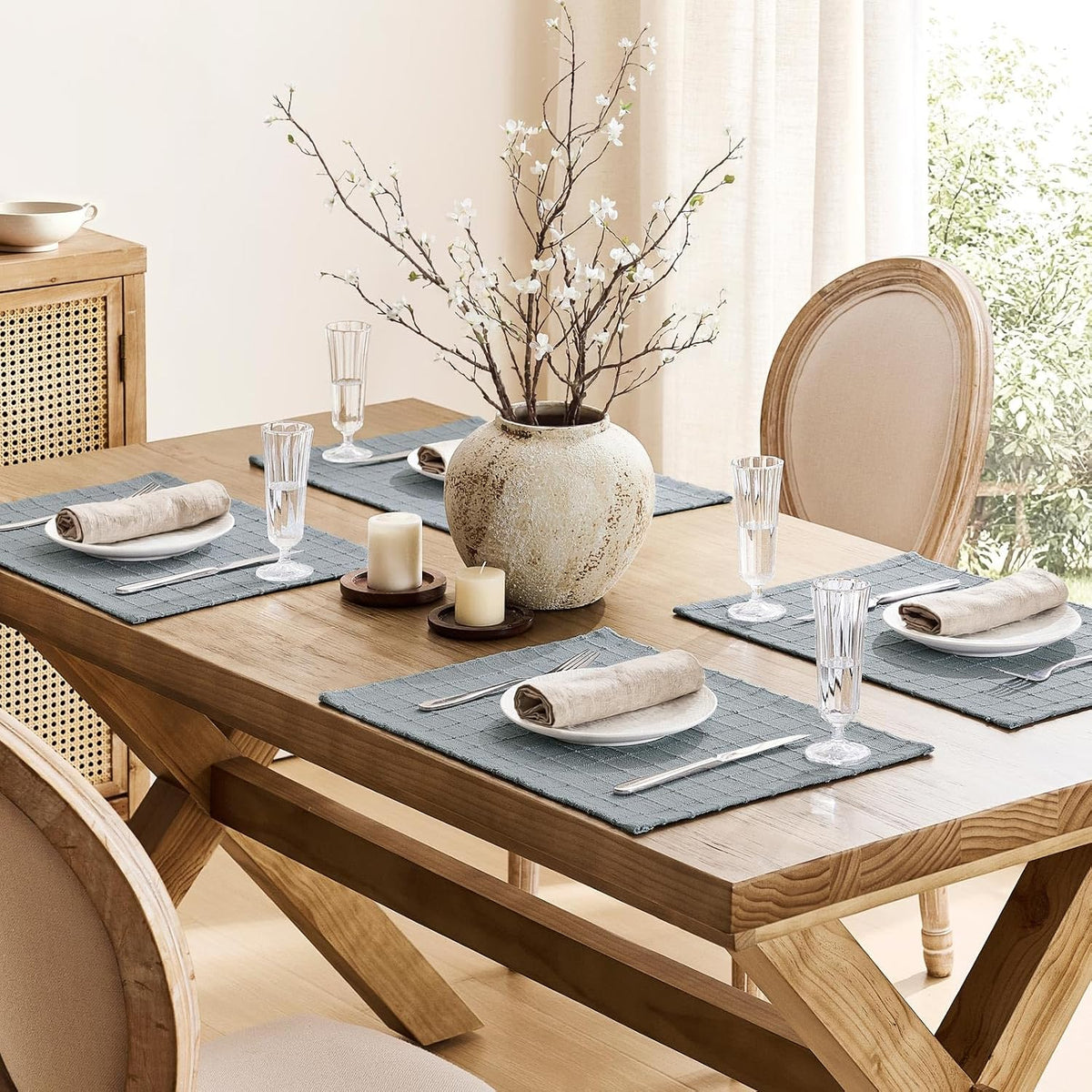 ZeeMart Artisanal Grid Decorative Linen Placemats Set of 6, Chambray