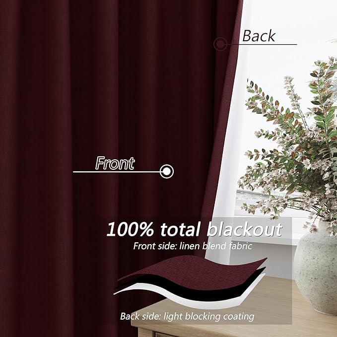 Burgundy 100% Blackout Linen Curtains 72 Inch Length 2 Panels Set - Image 4