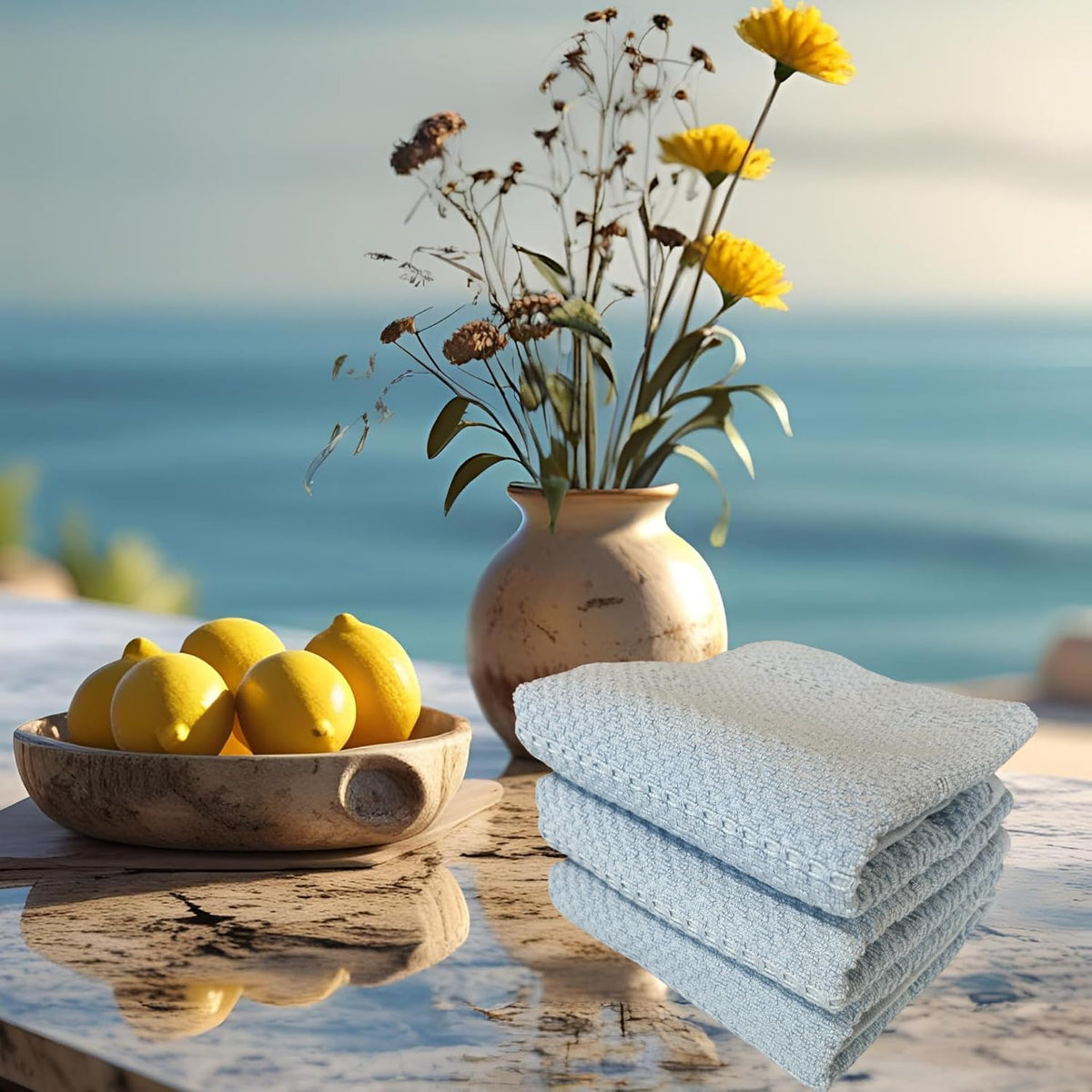 Light Baby Blue Kitchen Hand Dish Towels, Set of 3, 100% Cotton, 18" x 28"