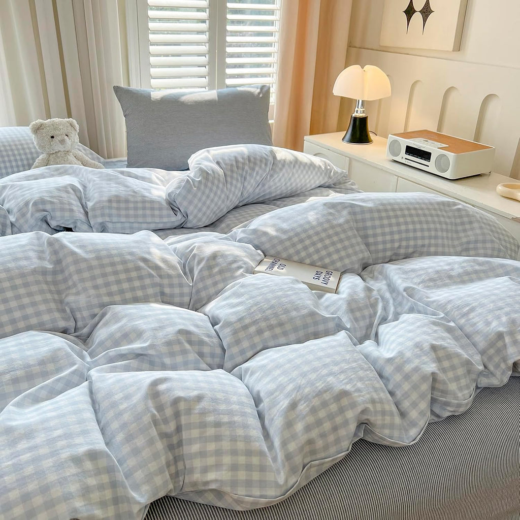 mixinni Gingham Comforter Set Full Size - 3 Piece Light Blue Plaid Farmhouse Bedding, Soft Washed Cotton All-Season Comforter & Pillow Shams, Grid Pattern Classic Style for Boys Girls