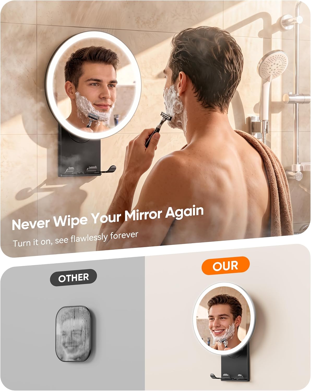 Heated Shower Mirror Fogless for Shaving with Suction Mount