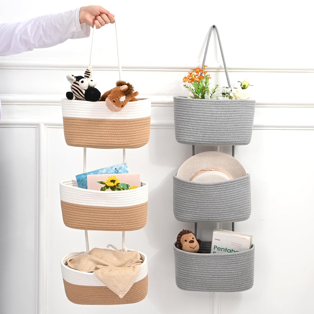 Hanging Baskets for Organizing 3-Tier Wall Basket Khaki & Off White