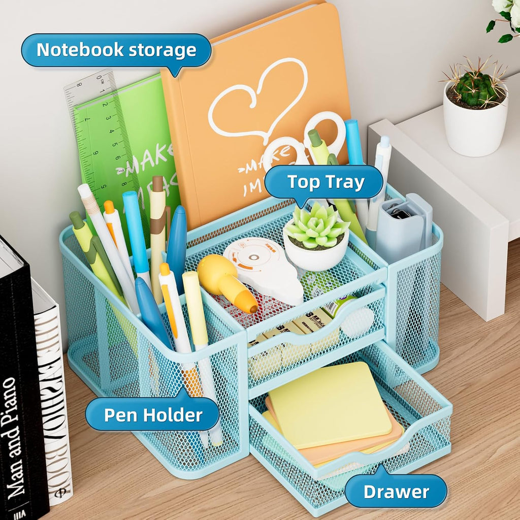 Marbrasse Mesh Desk Organizer, Pen Organizer with 2 Drawer, Multi-Functional Pencil Holder, Desk Organizers and Accessories with 5 Compartments + Drawer for Office Art Supplies (Blue)