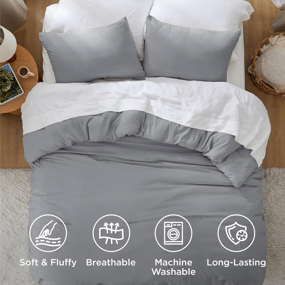 Bedsure King Comforter Set Prewashed Soft Bedding Set 3Pcs Grey 104"x90"