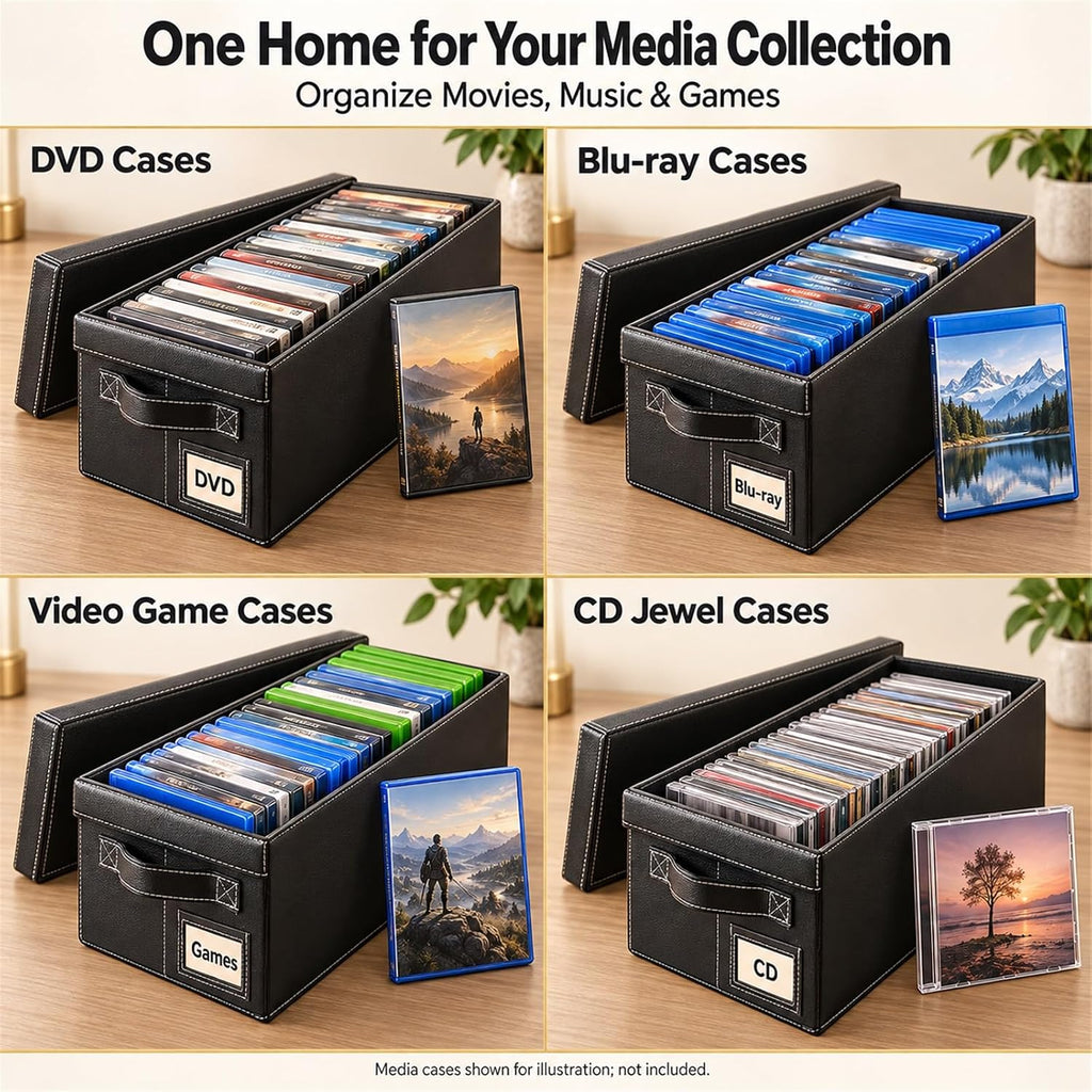 DVD Storage Boxes with Lid, 4 Pack Holds 104 DVD Cases Total, Stackable Leather Media Organizer for Blu ray, Video Game, CDs