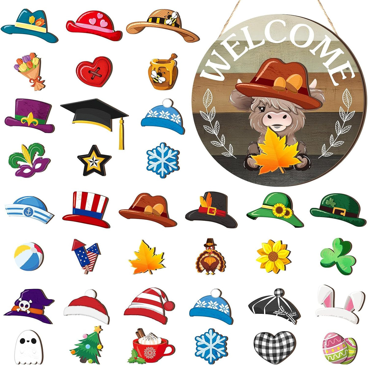 Vicenpal 35 Pcs Fall Interchangeable Highland Cow Welcome Sign, Plaid