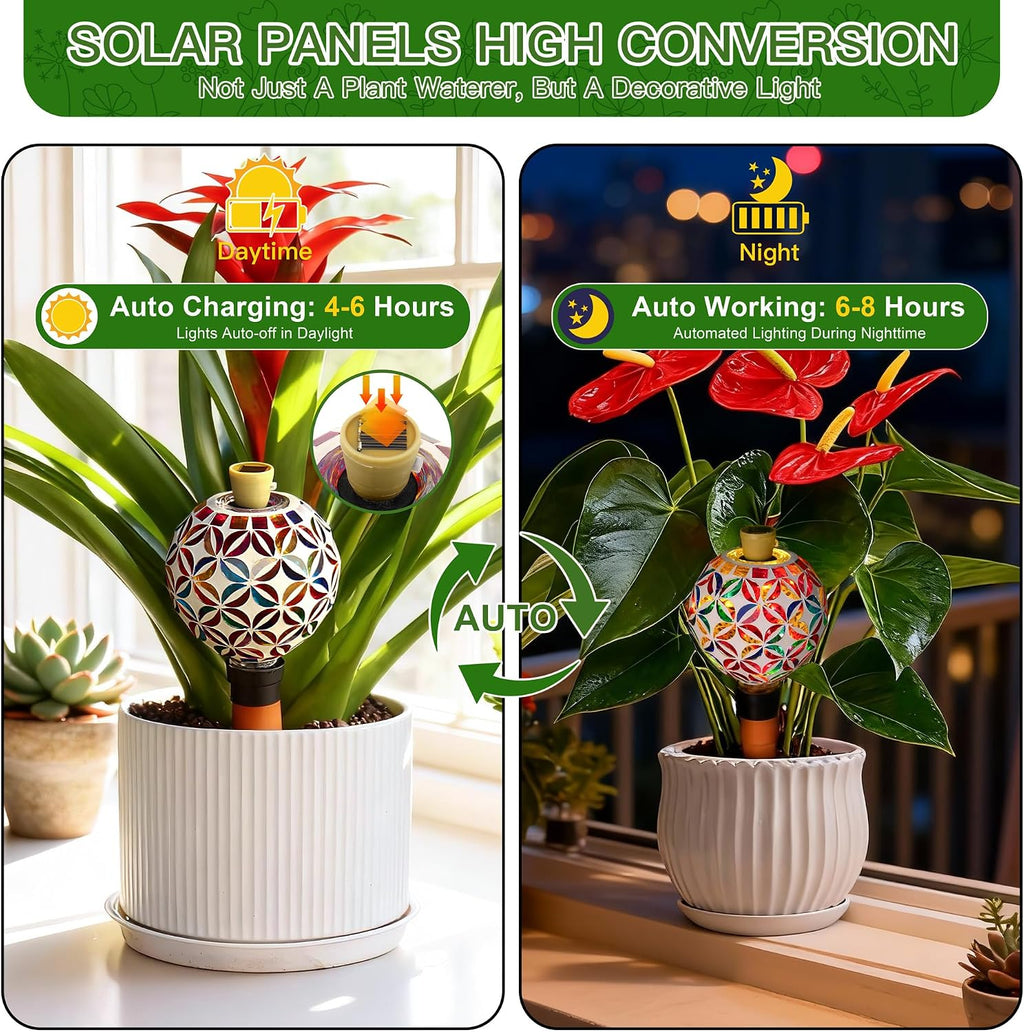 VOREEN Plant Watering Globe with Solar Light, 17oz Geometric Mosaic, 1 Pack