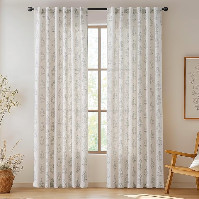 jinchan Linen Floral Curtains for Living Room 84 Inch Length Gray Flower - Image 2