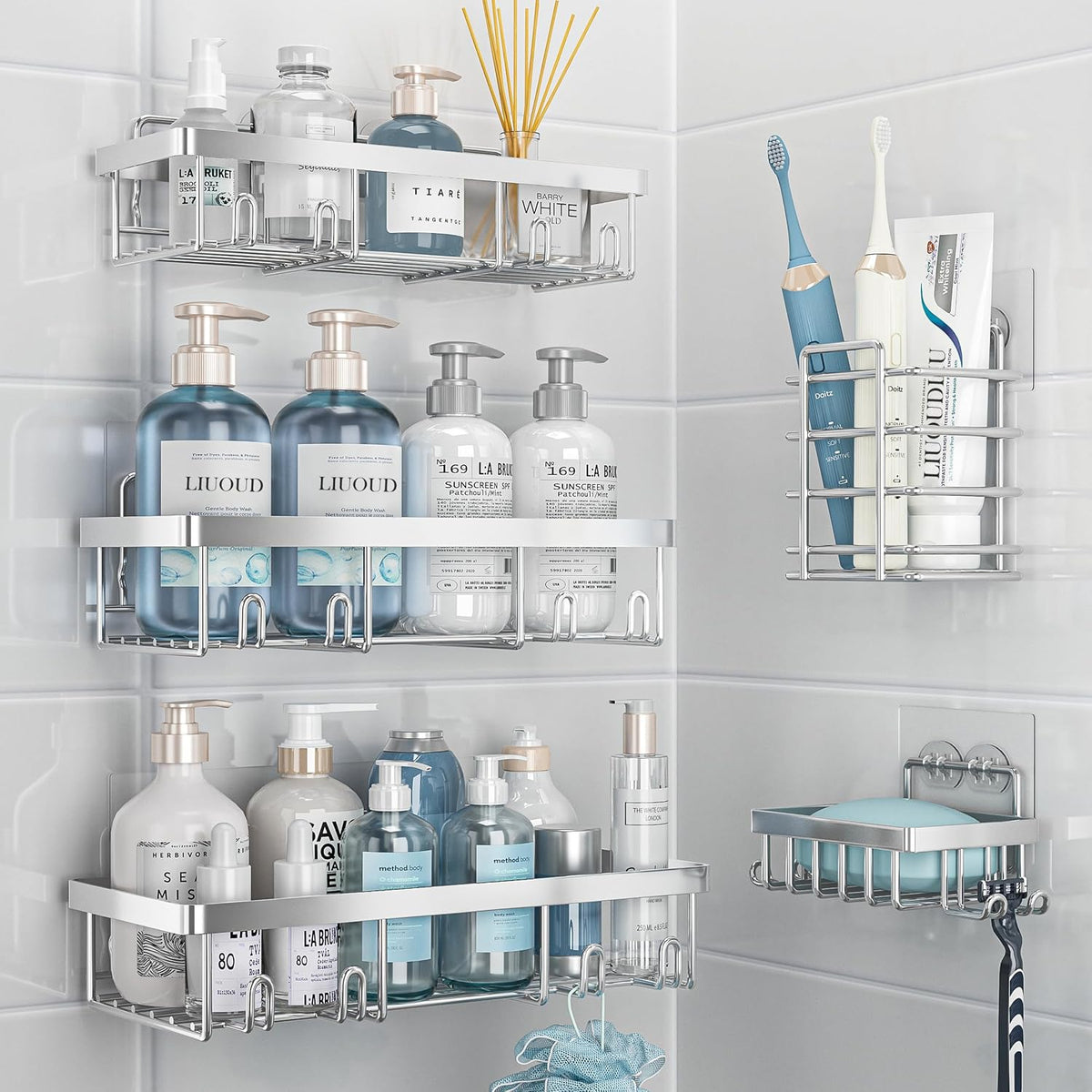 5 Pack Shower Caddy for Inside Shower,Chrome Silver Bathroom Storage