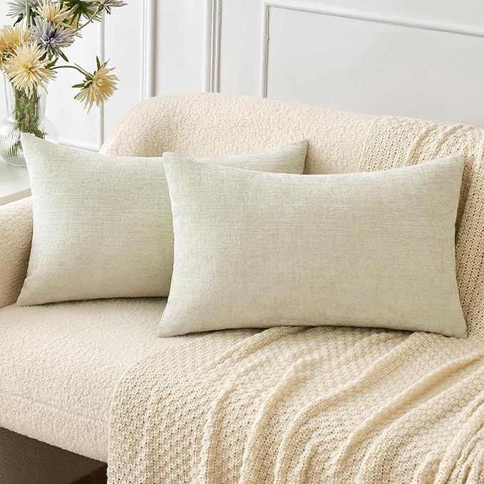 MIULEE Pack of 2 Cream Throw Pillow Covers 12x20 Inch Soft Chenille Lumbar by MIULEE