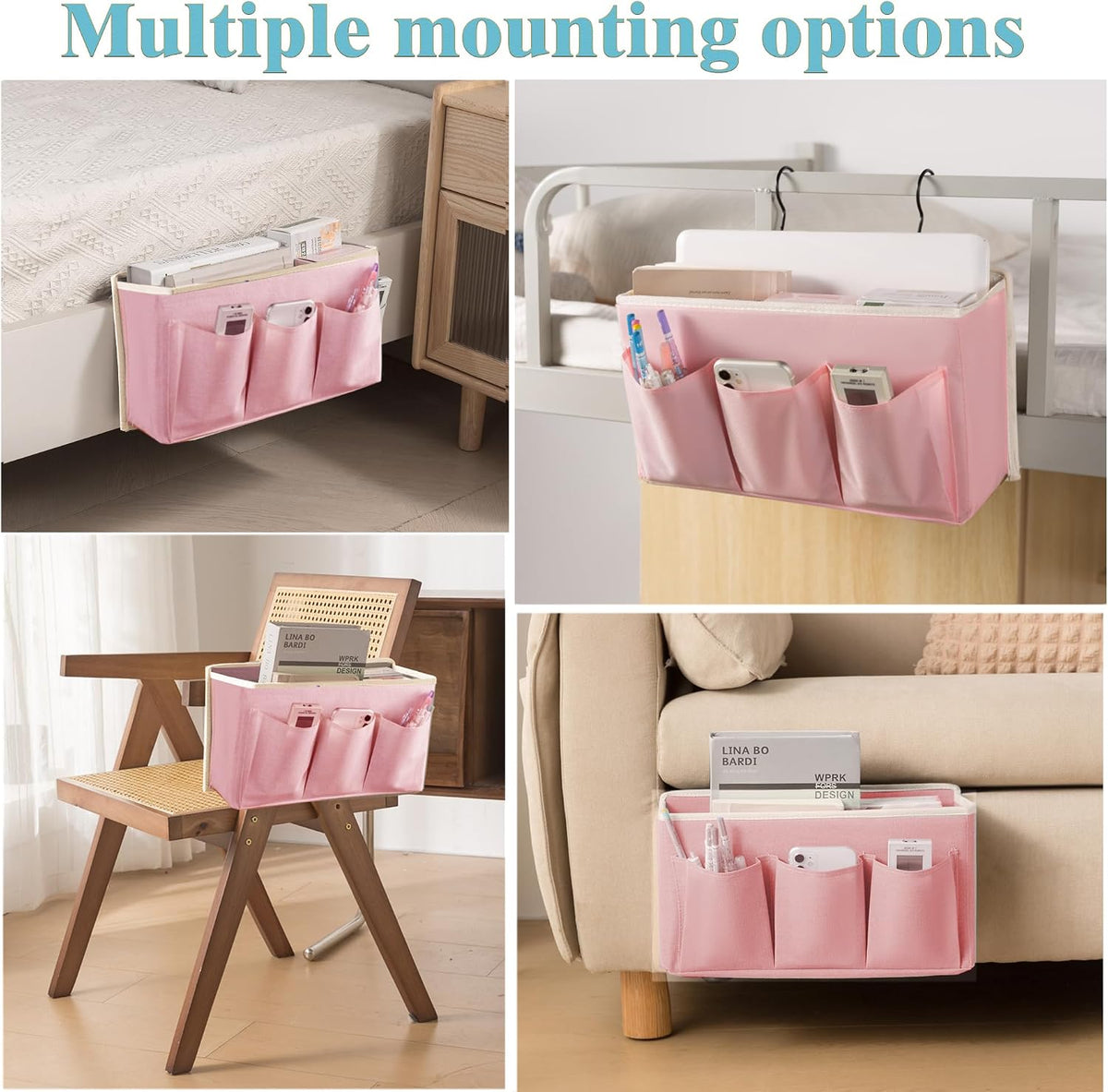 Bedside Caddy/Bedside Storage Organizer Hanging Bag with Three Options,Suitable for home beds, sofas, and dormitory beds—can hold magazines, books, phones, iPads, remote controls. (Pink)