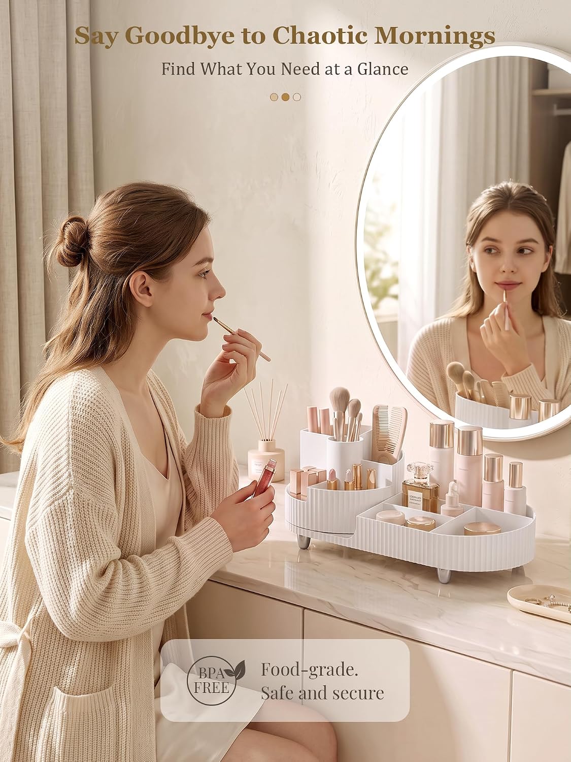 Rotating Makeup Organizer for Vanity Countertop, White