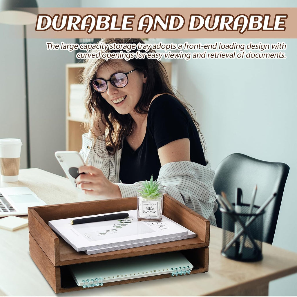 Yeaqee 4 Pcs Stackable Organizer Tray Wood Desk Organizer, Dark Wood Color