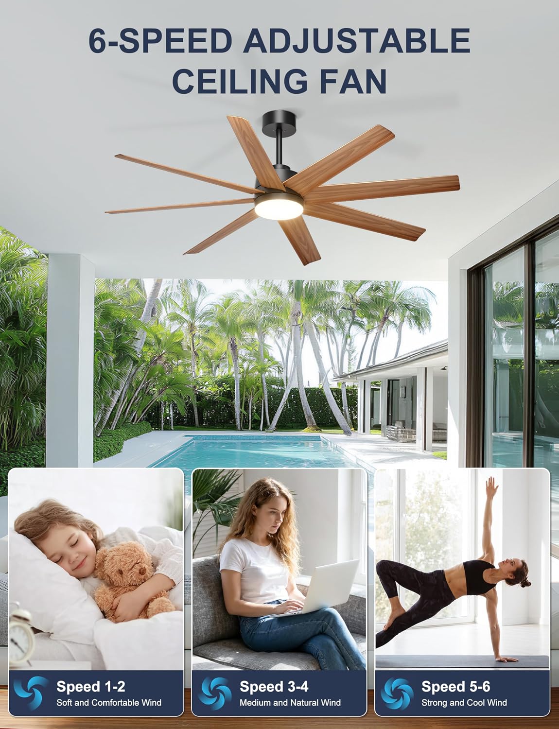 Ohniyou 60" Modern Farmhouse Ceiling Fan with Light for Patio, Living Room