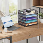 Cawukege 5 Tier Paper Organizer with Handle, Grey Metal Mesh Desk Organizer File Folder Paper Letter Tray Desktop Document Sorter for Classroom, School, Office Accessories Organization and Storage