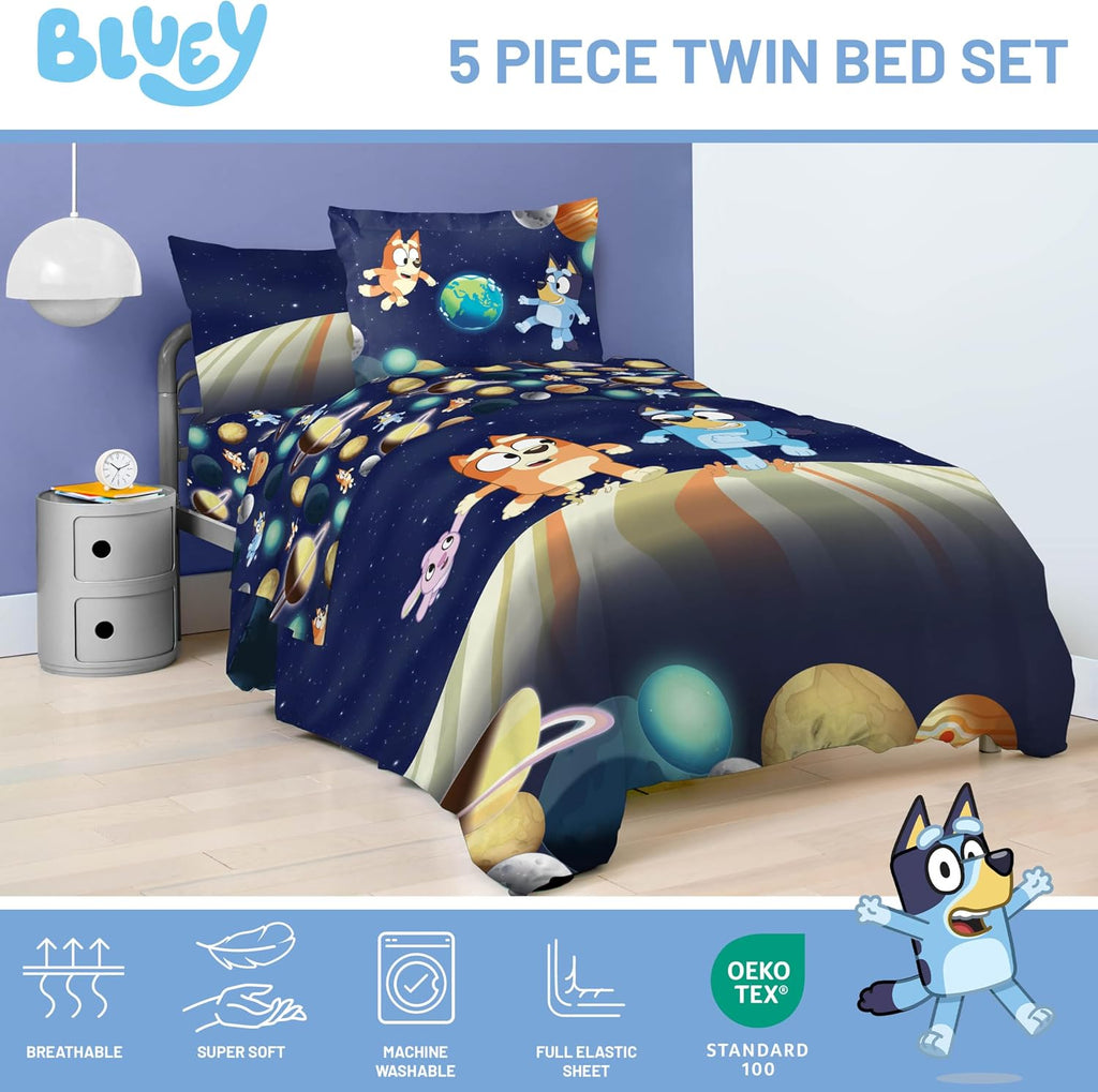 Bluey Bingo Twin Comforter Set 5 Piece Soft Kids Cartoon Bedding, Blue