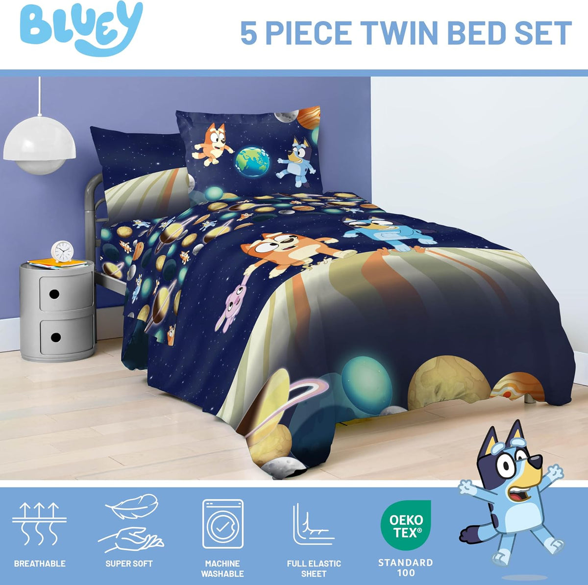 Bluey Bingo Twin Comforter Set 5 Piece Soft Kids Cartoon Bedding, Blue