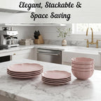 Sango 12 Pieces Scalloped Dinnerware Set, Modern Pink Dishes for 4, Premium Serving Plates & Bowls Sets, Chip Resistant, Blush Ceramic Dishware, Kitchen Dish, Microwave & Dishwasher Safe, Bethany