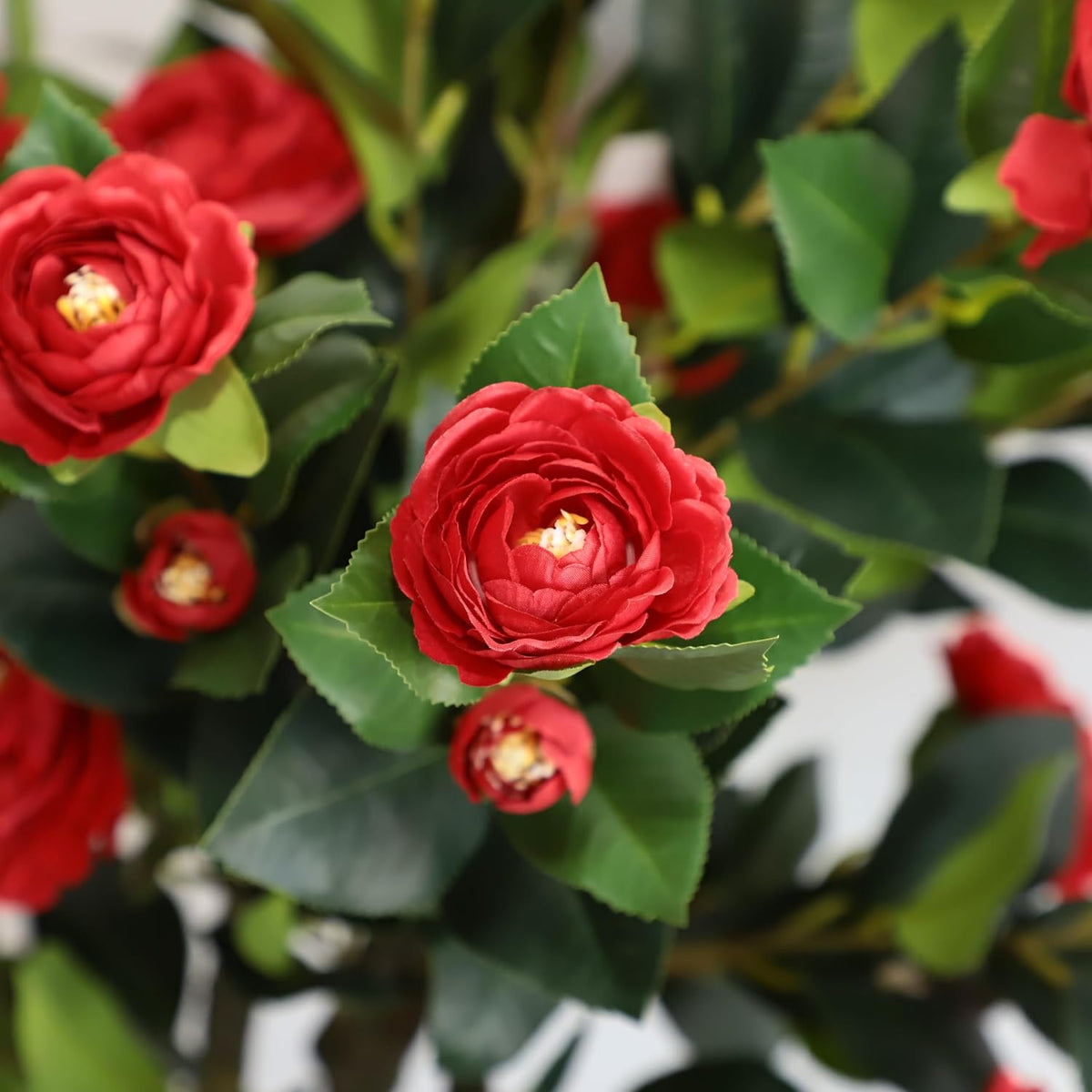 Artificial Camellia Tree, 2 Pack Soil Insertion w/Spike,Flower Plants, Faux Floral Plant Blooming Tree in Cement Pot, Greenery Potted Plant for Indoor Outdoor Office Home Porch Decor (Red)