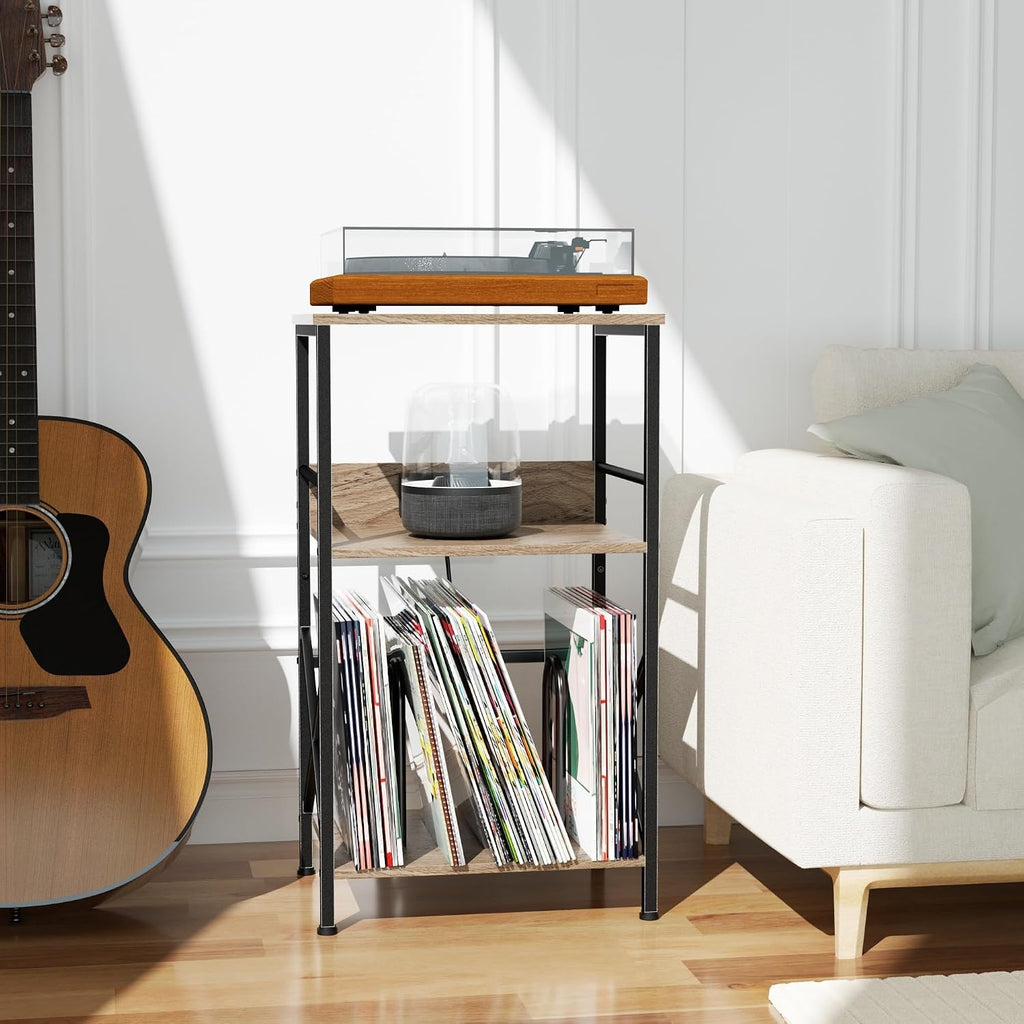 DALEMHOME Record Player Stand with Charging Station, 3-Tier Side Table for 100 Vinyl Storage, End Table for Living Room, Bedroom, Greige HKET1001GY