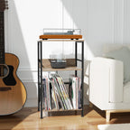 DALEMHOME Record Player Stand with Charging Station, 3-Tier Side Table for 100 Vinyl Storage, End Table for Living Room, Bedroom, Greige HKET1001GY
