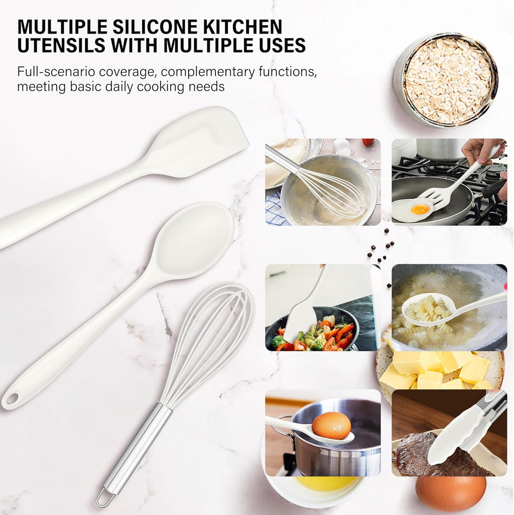 HaWare 11 PCS Silicone Cooking Utensils Set, Heat Resistant Kitchen Utensils with Holder, Food-grade Spatula Sets for Nonstick Cookware, Kitchen Tools Gadgets Include Fish Turner, Spoon (White)